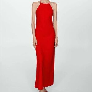 Mango Linen Blend Red Halter Neck Maxi Dress